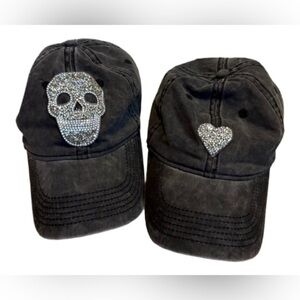 2 Black Baseball Caps with Rhinestone Skull and Heart